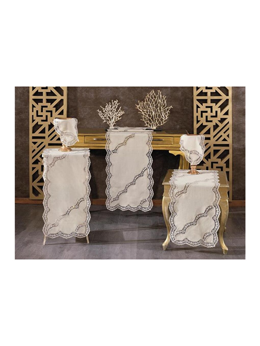 Kahverengi Rua Keten 5 Parça Salon Takımı Cappucino