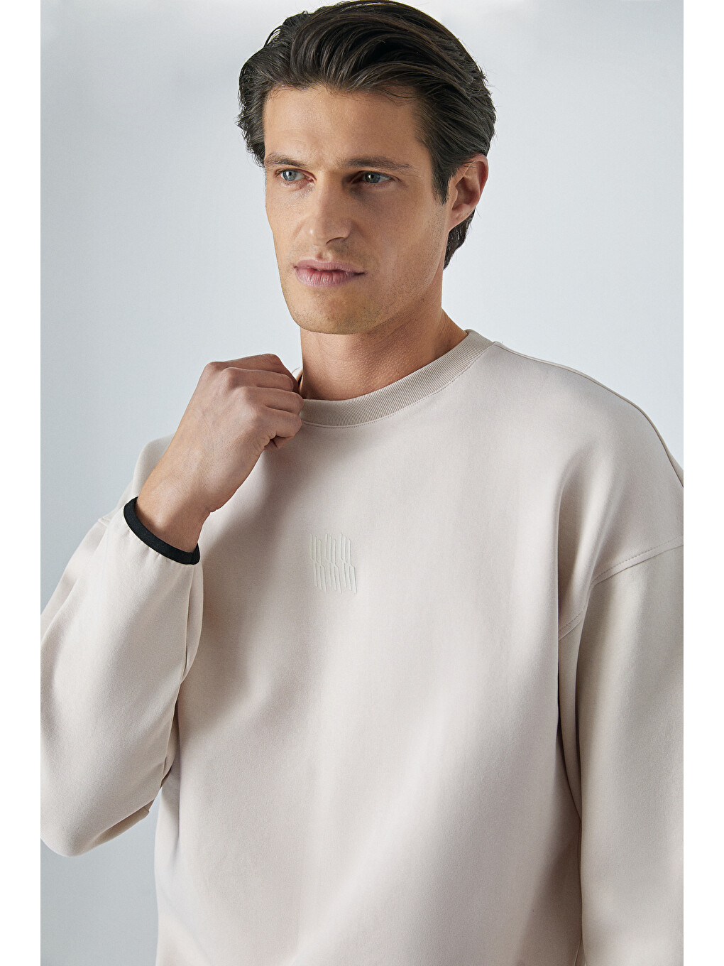 Bej Plemon Erkek Bisiklet Yaka Uzun Kol Baskı Detaylı Oversize Taş Sweatshirt-3
