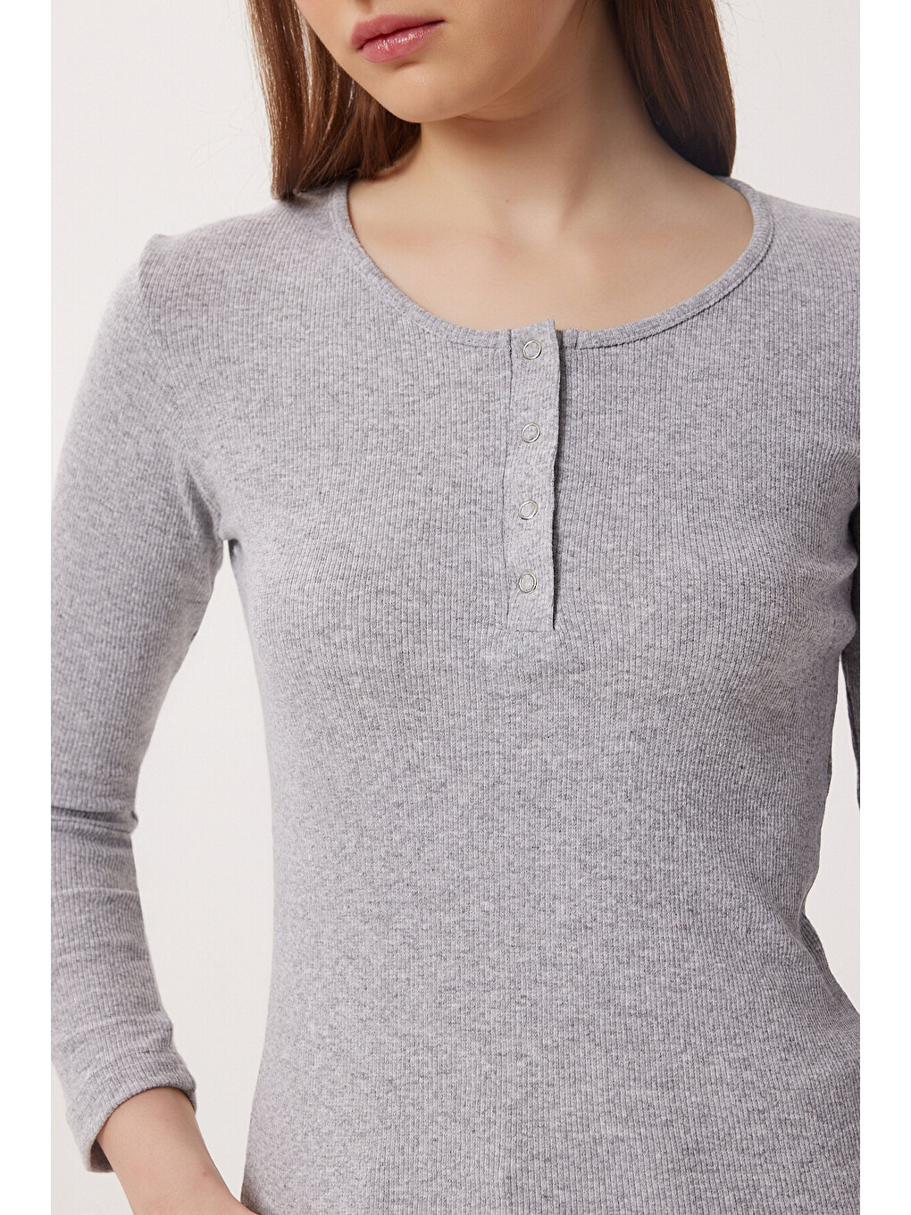 Gri Çıtçıtlı Fitilli Örme Bluz GRİ MELANJ LRN0015-4