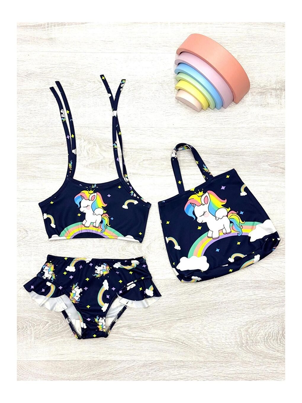 MY KIDS WEAR Siyah Üç Parça Çantalı Kız Çocuk Fırfırlı Bikini Takım