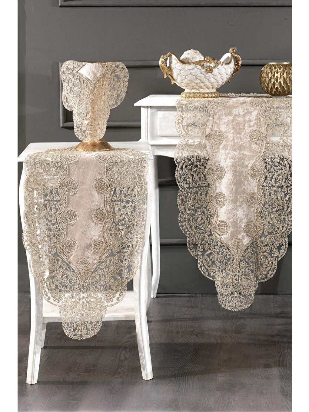 Kahverengi Fransız Güpürlü Kadife Sırma Salon Takımı 5 Parça Cappucino