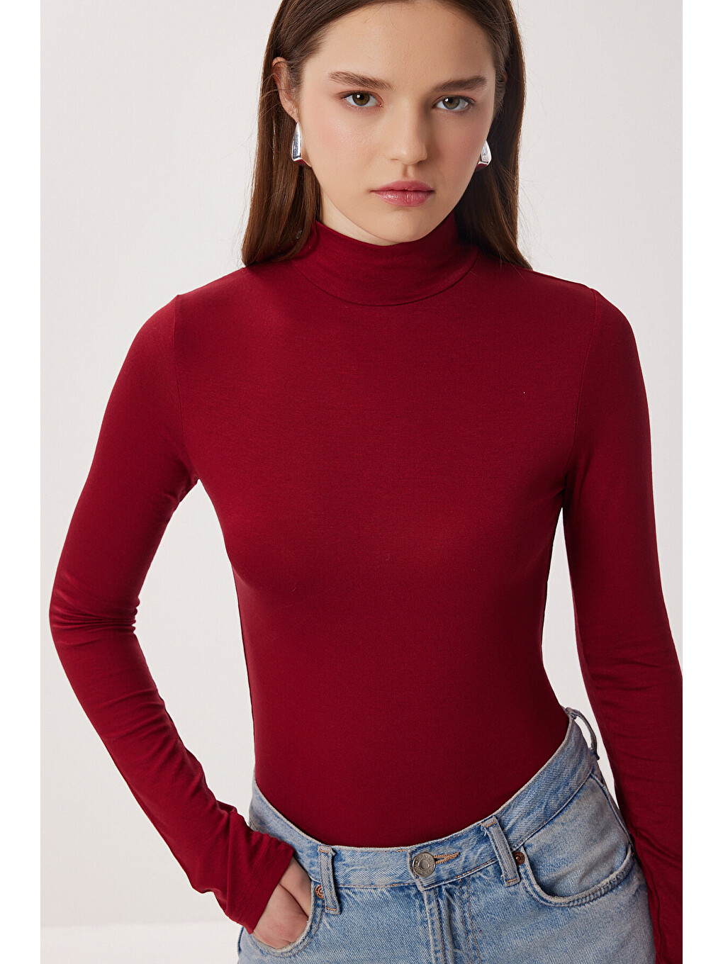 Bordo Balıkçı Yaka Viskon Bluz BORDO LRN0023