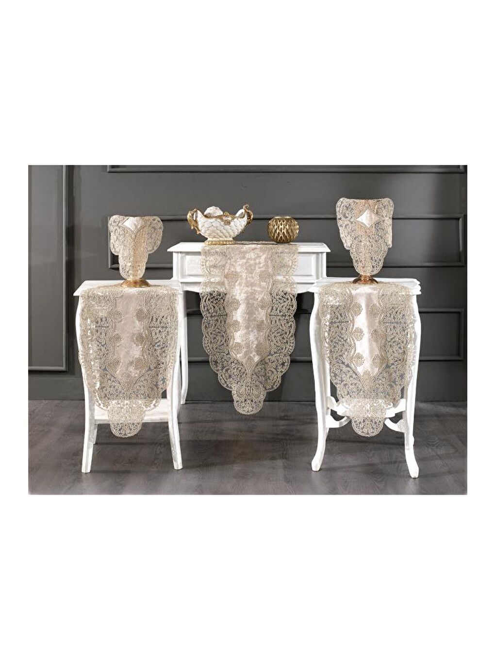 Kahverengi Fransız Güpürlü Kadife Sırma Salon Takımı 5 Parça Cappucino-1