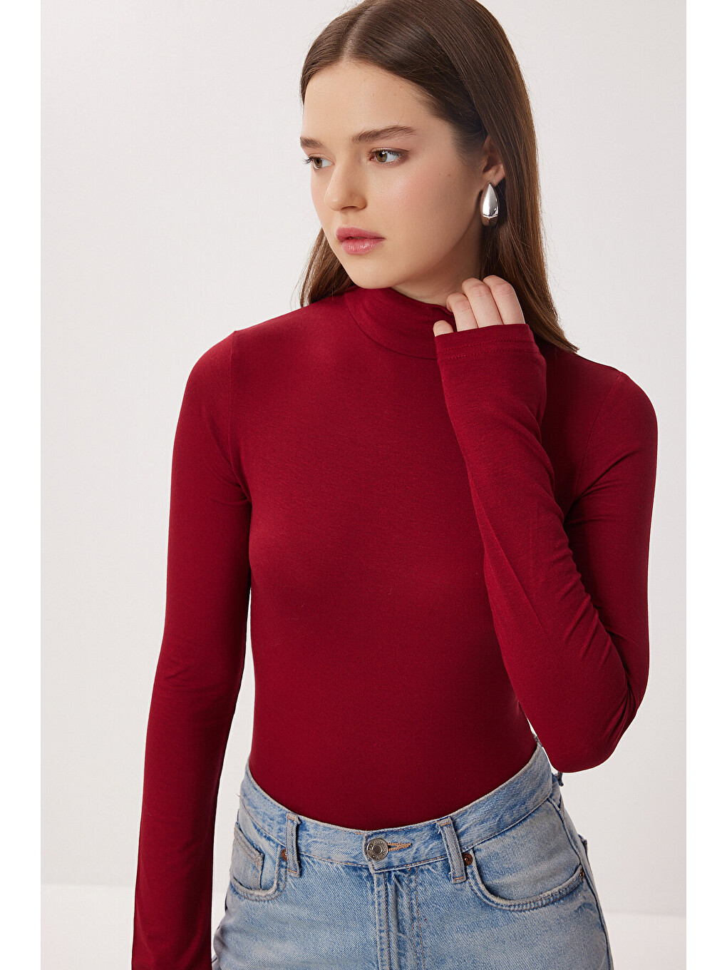 Bordo Balıkçı Yaka Viskon Bluz BORDO LRN0023-1