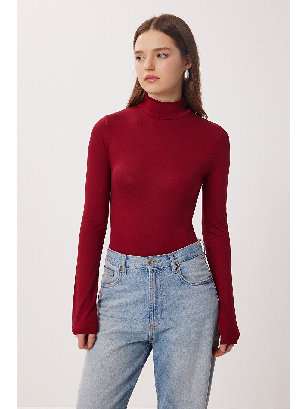 Bordo Balıkçı Yaka Viskon Bluz BORDO LRN0023-2