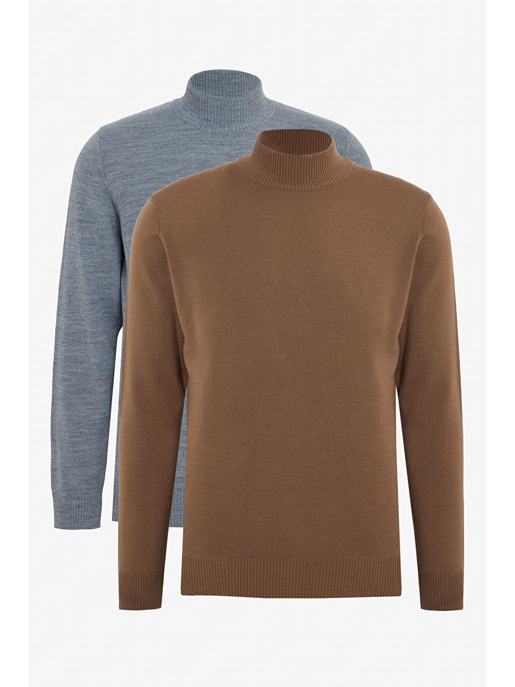 Bej Erkek VIZON-GRI MELANJ 2'li Paket Standart Fit Normal Kesim Yarım Balıkçı Yaka Basic Triko Kazak