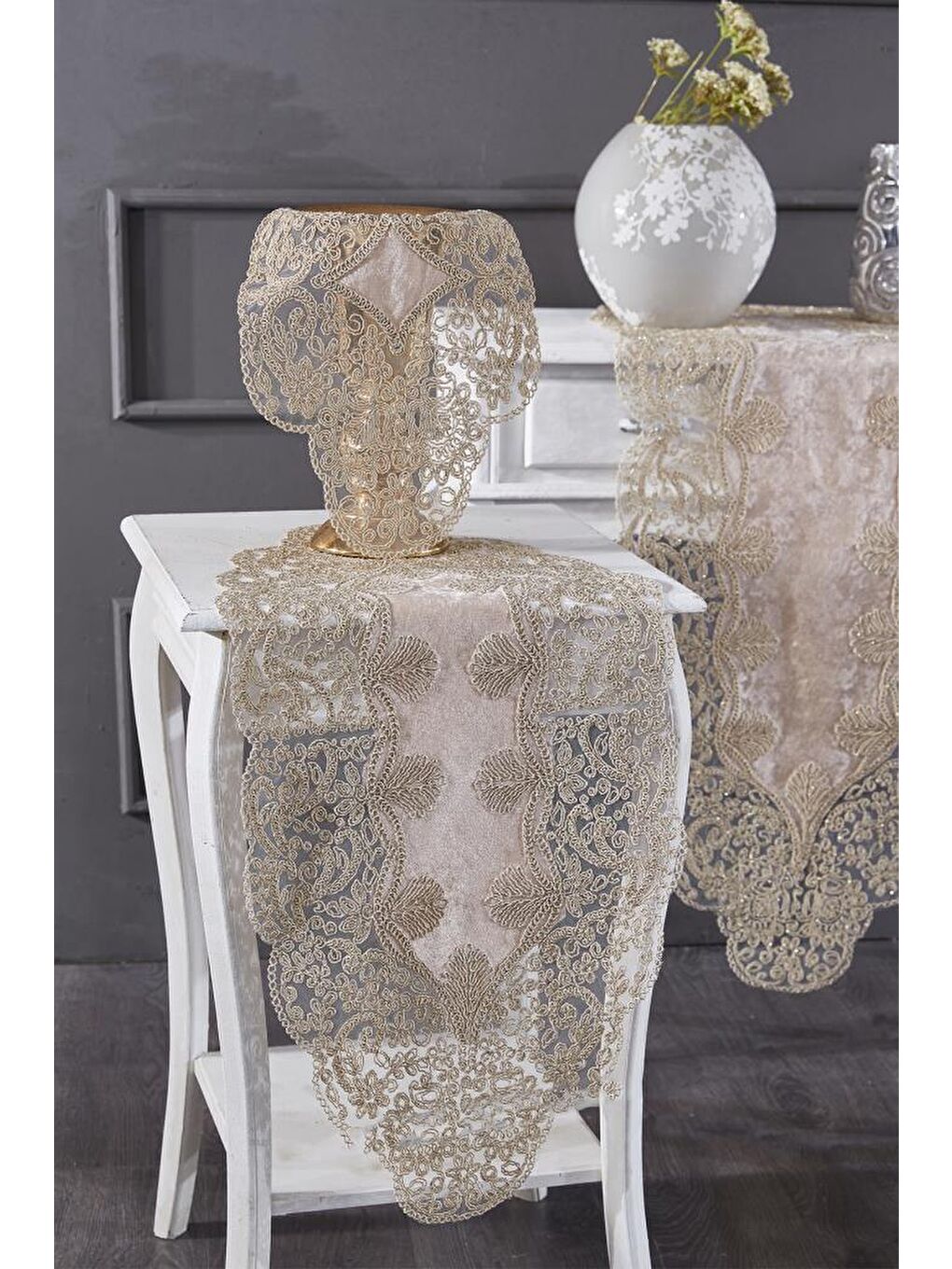 Kahverengi Fransız Güpürlü Kadife Sırma Salon Takımı 5 Parça Cappucino-2