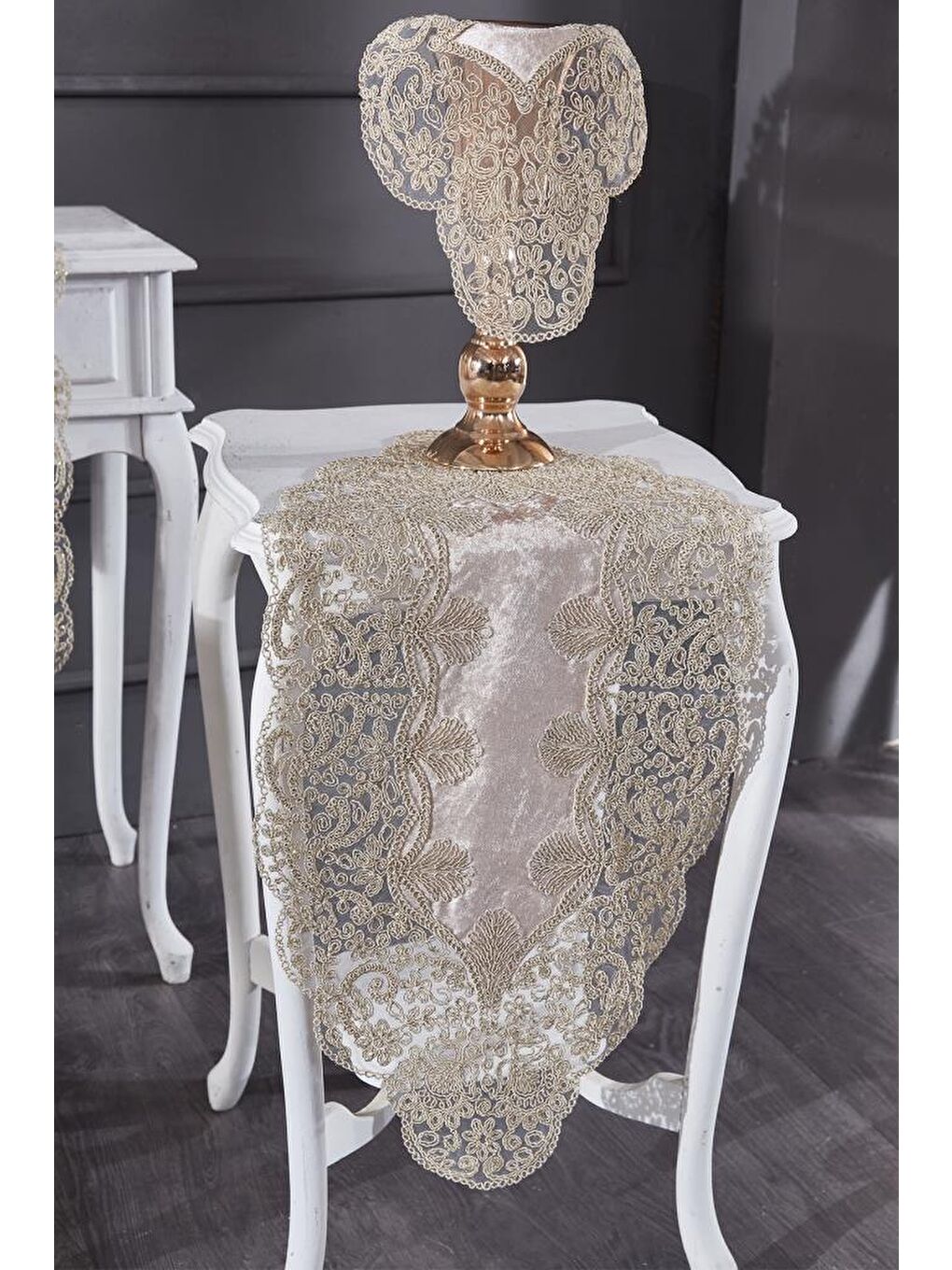 Kahverengi Fransız Güpürlü Kadife Sırma Salon Takımı 5 Parça Cappucino-3