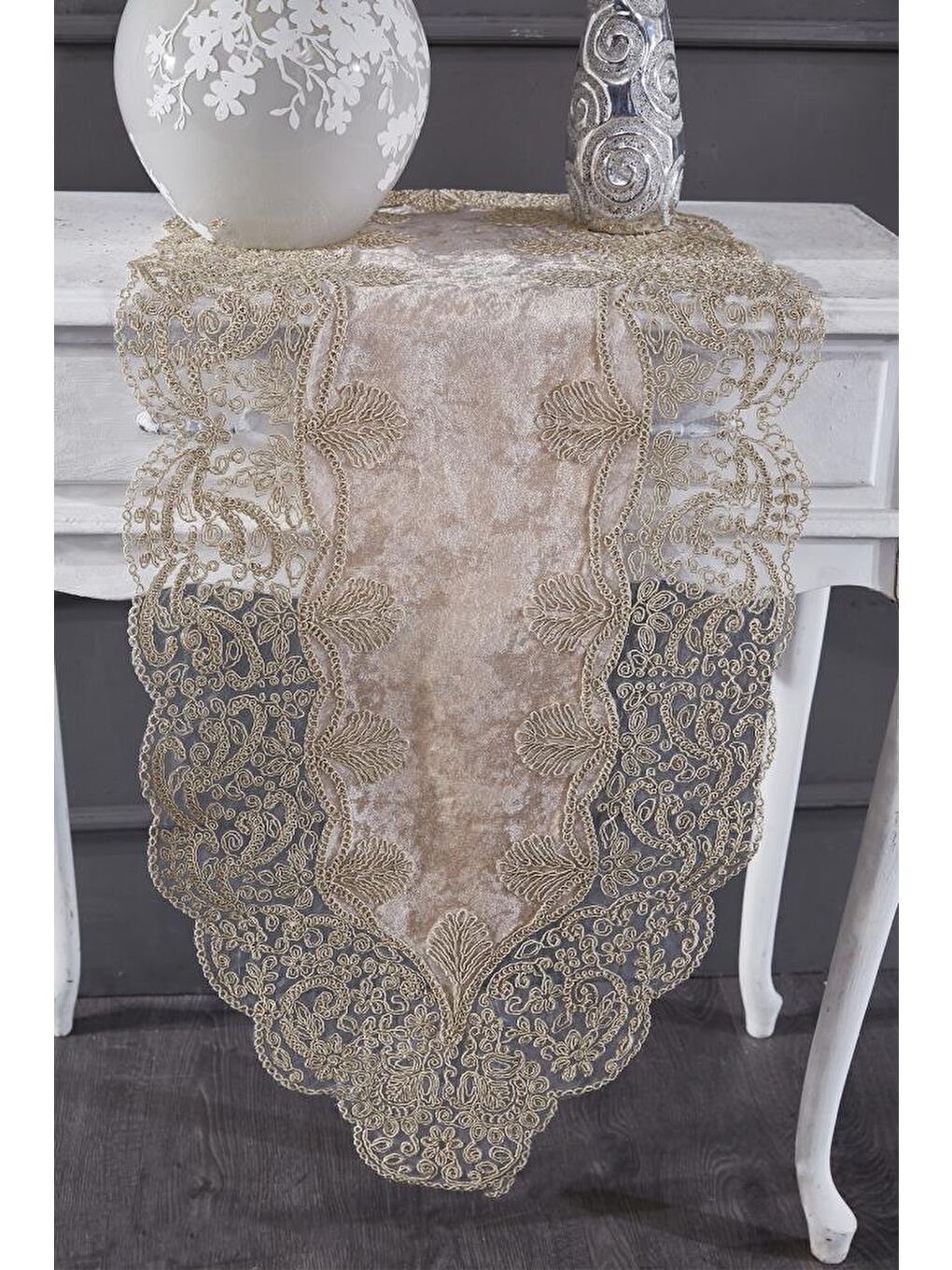 Kahverengi Fransız Güpürlü Kadife Sırma Salon Takımı 5 Parça Cappucino-4