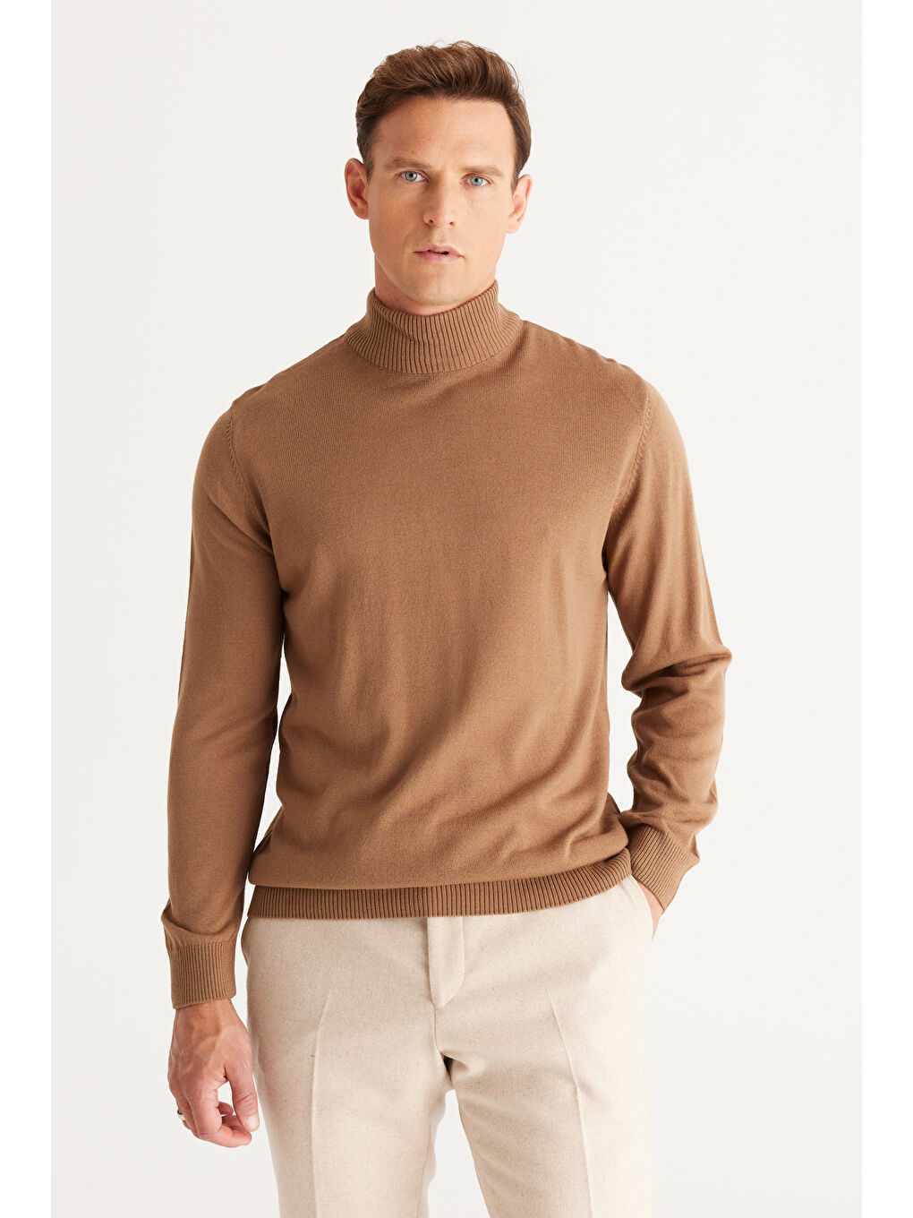 Bej Erkek VIZON-GRI MELANJ 2'li Paket Standart Fit Normal Kesim Yarım Balıkçı Yaka Basic Triko Kazak-1