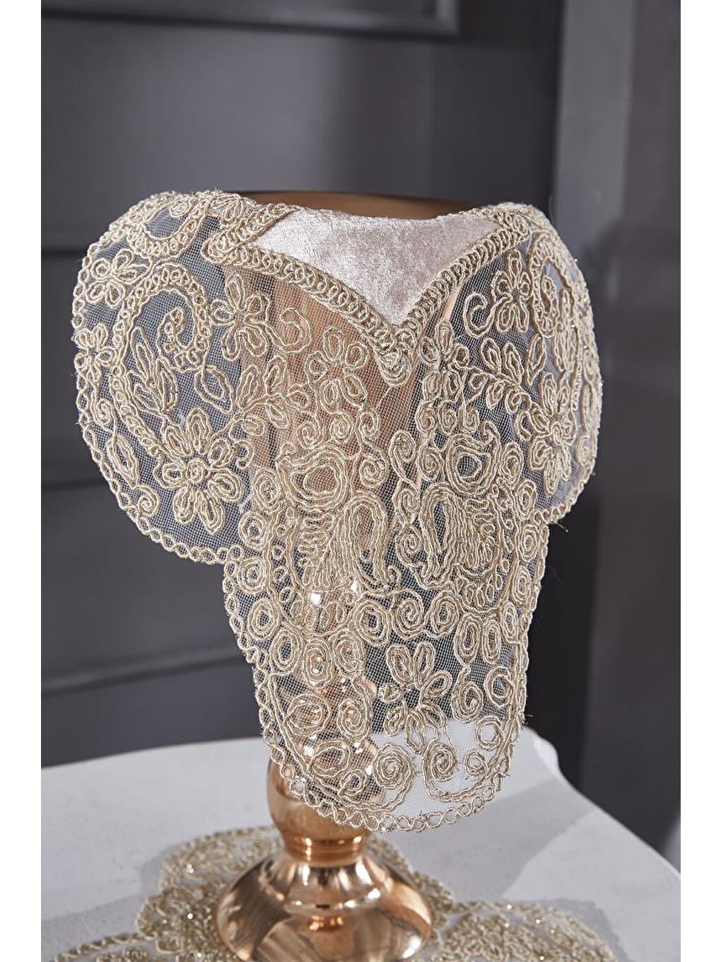 Kahverengi Fransız Güpürlü Kadife Sırma Salon Takımı 5 Parça Cappucino-5