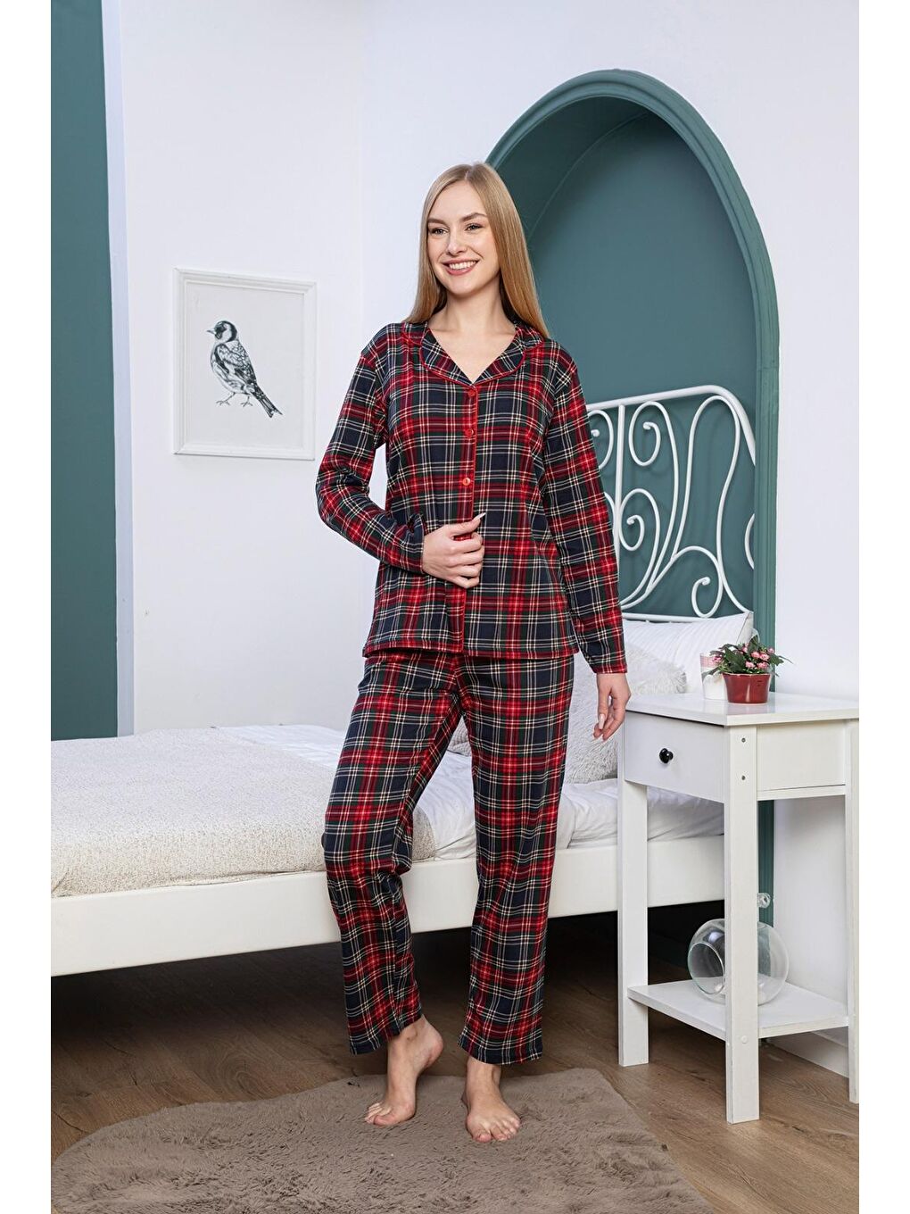 ENİSENA Bordo Kadın Pijama Takımı-Ekose Desenli-M-L-XL-XXL 5949Kpx