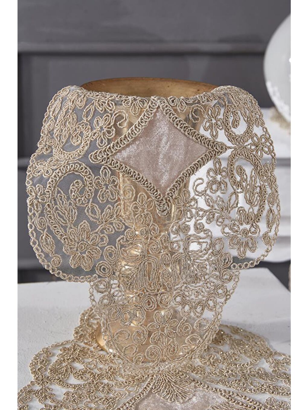 Kahverengi Fransız Güpürlü Kadife Sırma Salon Takımı 5 Parça Cappucino-6