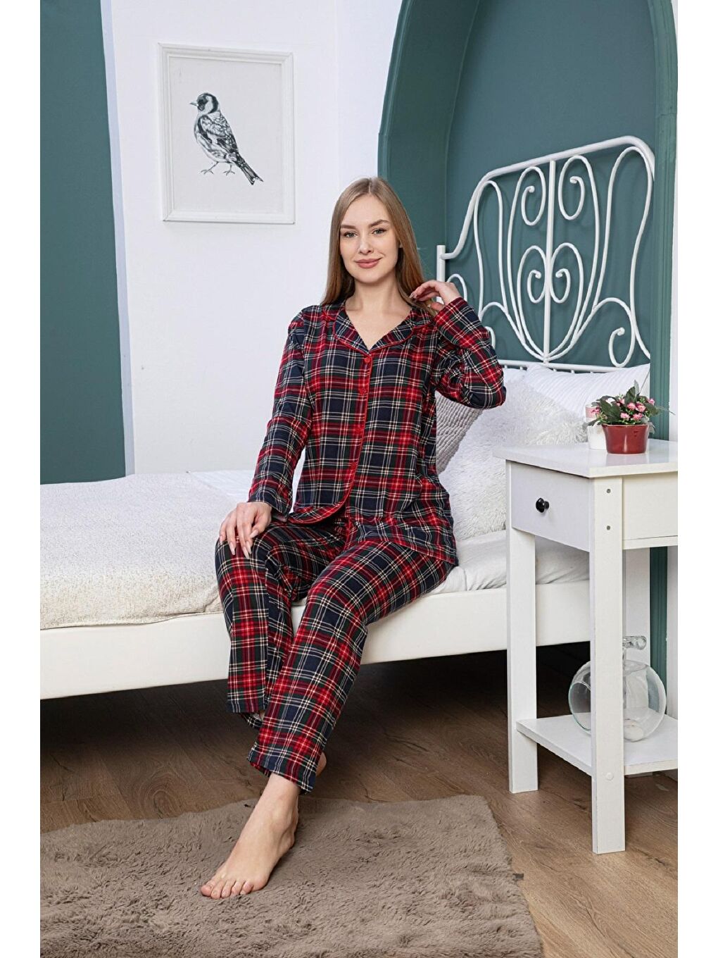 ENİSENA Bordo Kadın Pijama Takımı-Ekose Desenli-M-L-XL-XXL 5949Kpx - 1