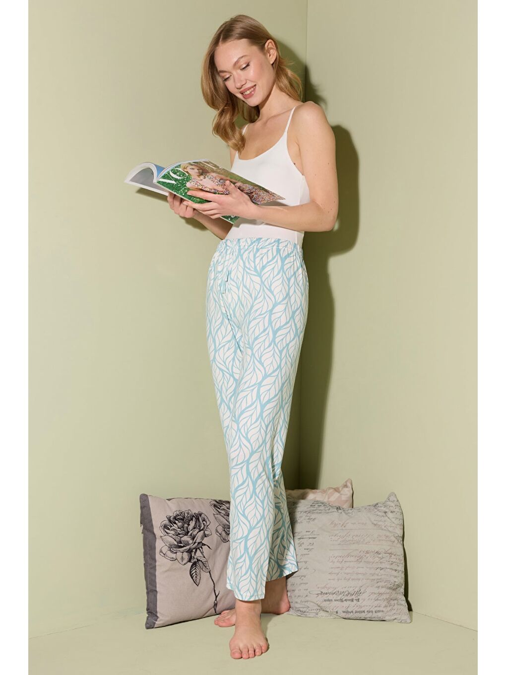 Yeşil Ekose Desenli Beli Lastikli Pijama Altı-1