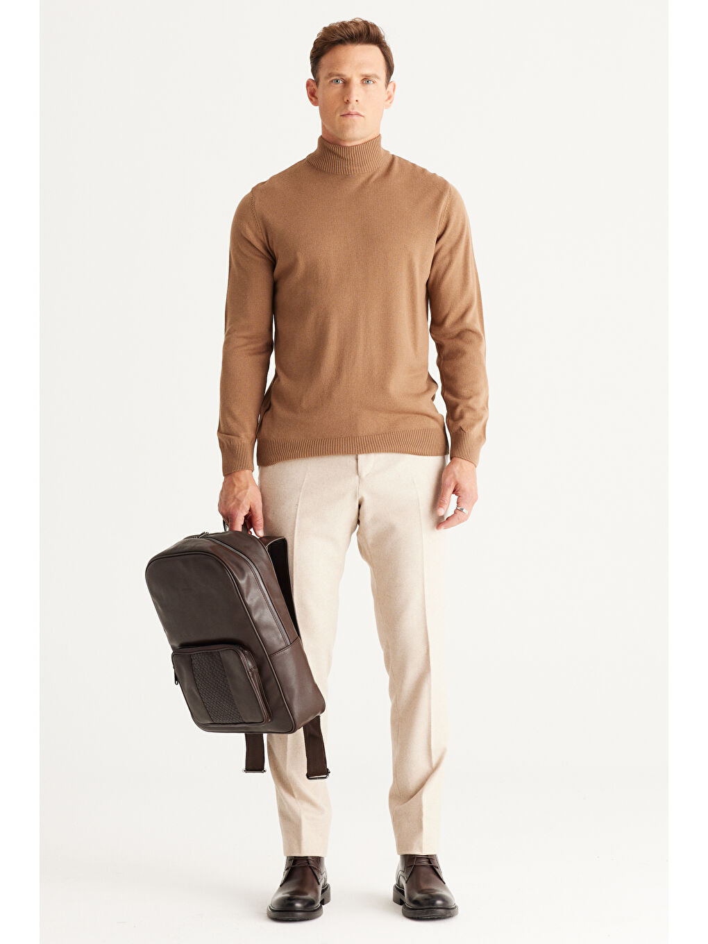 Bej Erkek VIZON-GRI MELANJ 2'li Paket Standart Fit Normal Kesim Yarım Balıkçı Yaka Basic Triko Kazak-3