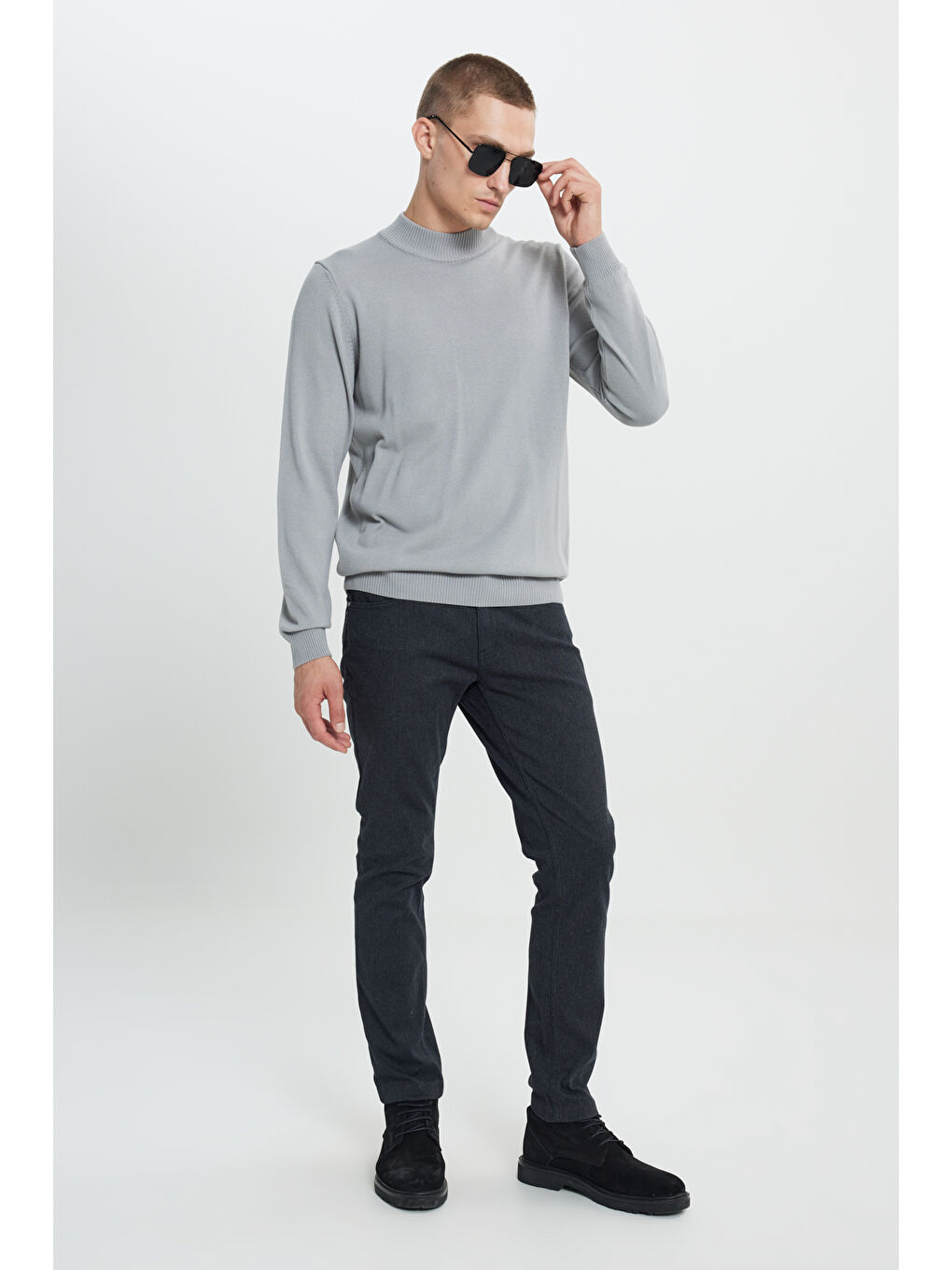 Bej Erkek VIZON-GRI MELANJ 2'li Paket Standart Fit Normal Kesim Yarım Balıkçı Yaka Basic Triko Kazak-4