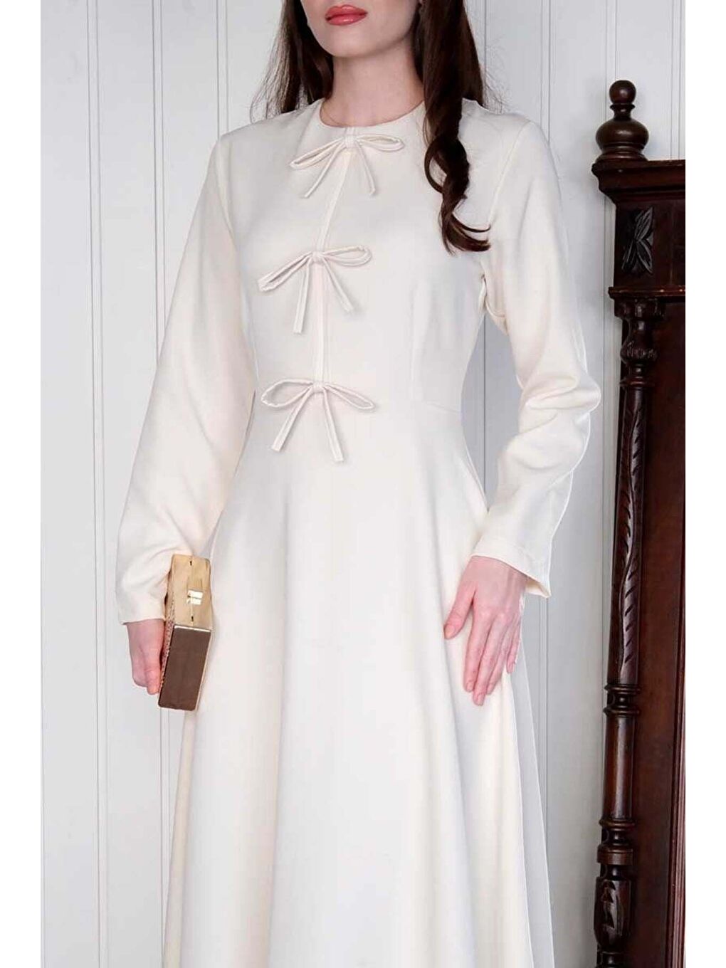 Ekru Fiyonk Detay Elbise-3