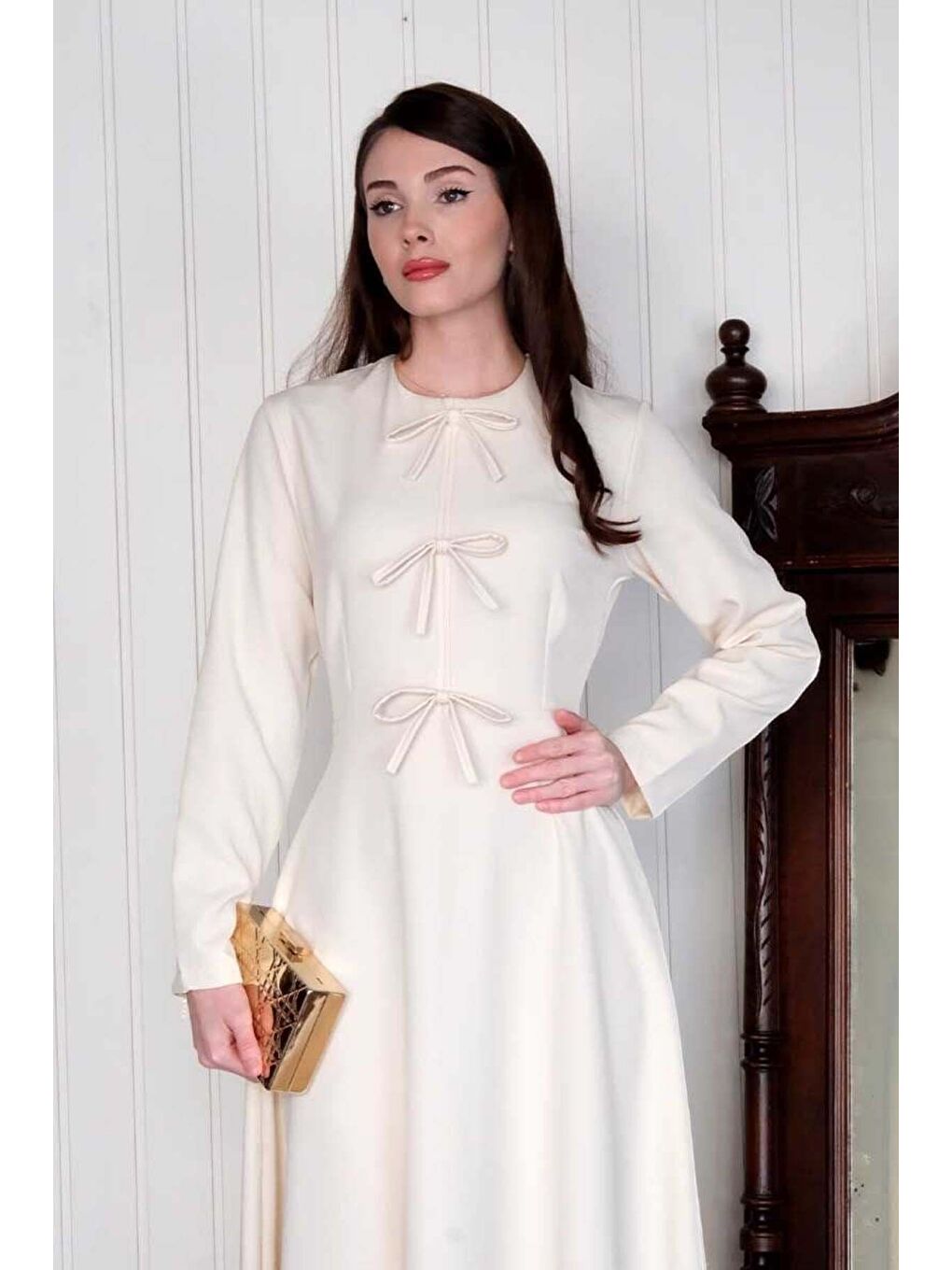 Ekru Fiyonk Detay Elbise-4