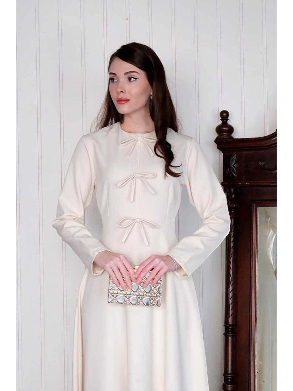 Ekru Fiyonk Detay Elbise-5