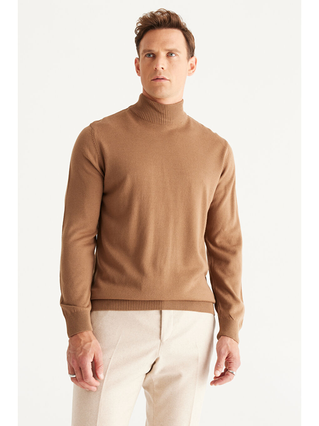 Bej Erkek VIZON-GRI MELANJ 2'li Paket Standart Fit Normal Kesim Yarım Balıkçı Yaka Basic Triko Kazak-7