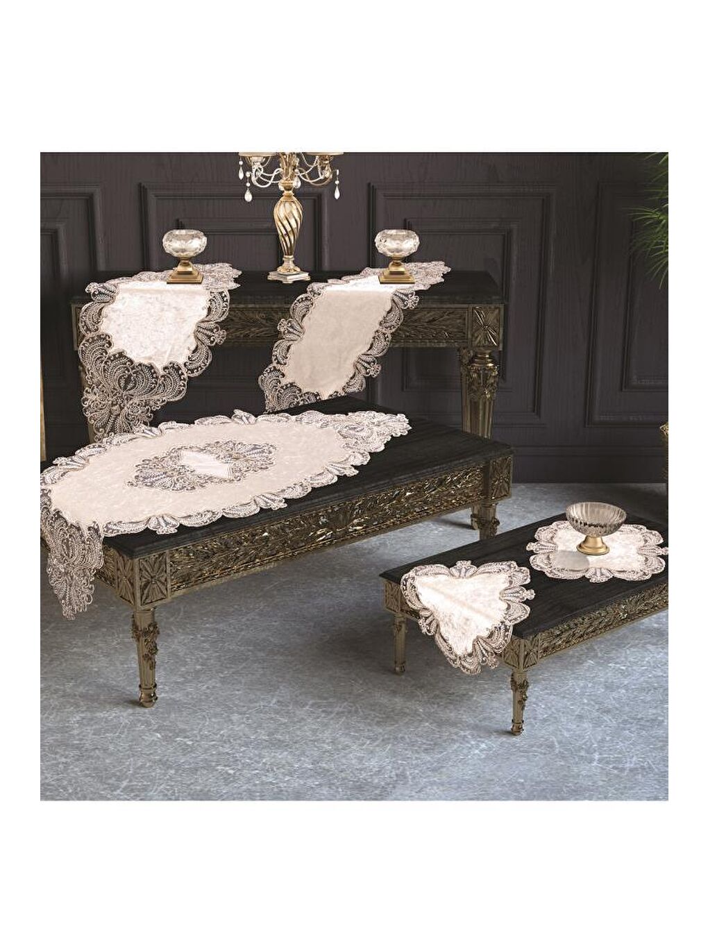 Karışık Fransız Güpürlü Yasemin Kadife Salon Takımı 5 Parça Krem Gümüs-2