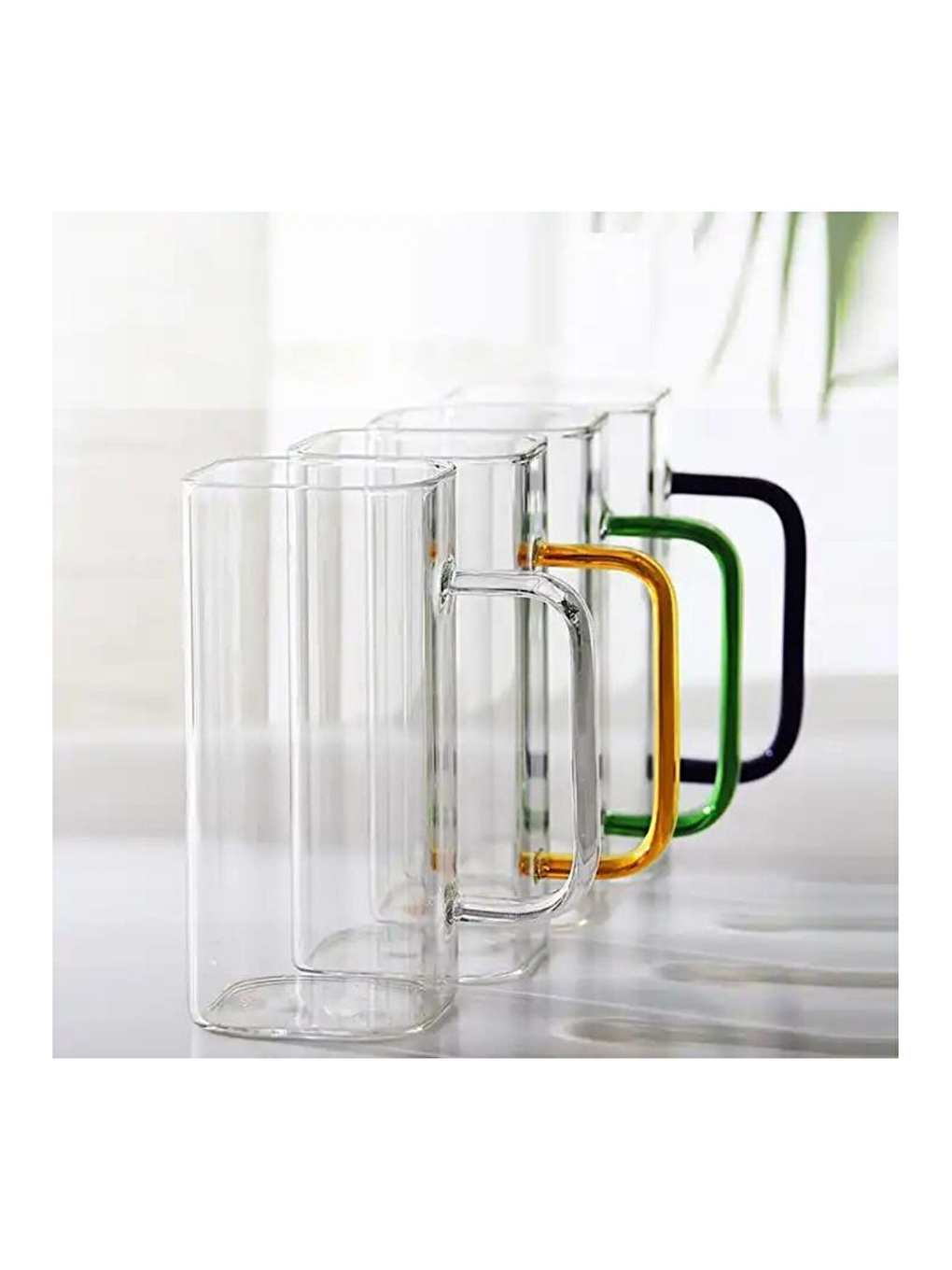 Renksiz Kare Cam Füme Kulplu Latte Meşrubat Nescafe Süt Su Bardağı  350ml 6 Adet-1