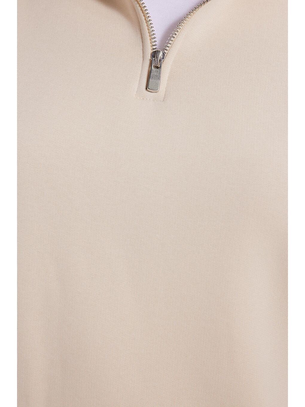 Kadın Relax Fit Rahat Kesim Pamuklu İçi Polarlı Yarım Fermuarlı Ekru Dik Yaka Sweatshirt-4