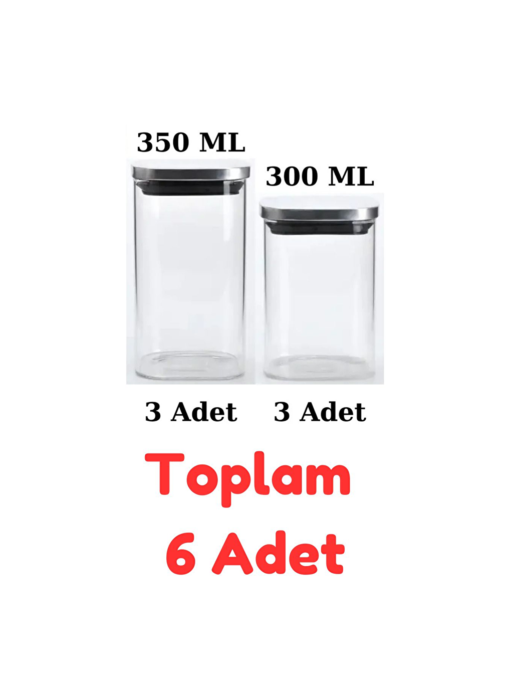 Renksiz Vakum Krom Kapaklı Kare Cam Kavanoz 350ml 300ml Saklama Kabı 6 Adet