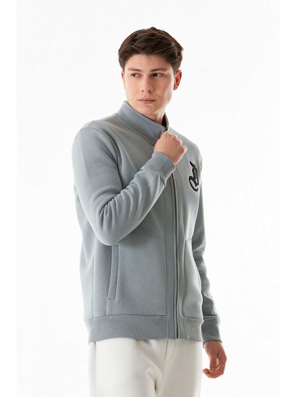 Gri 3 İplik Harf Baskılı  Dik Yaka Fermuarlı Sweatshirt