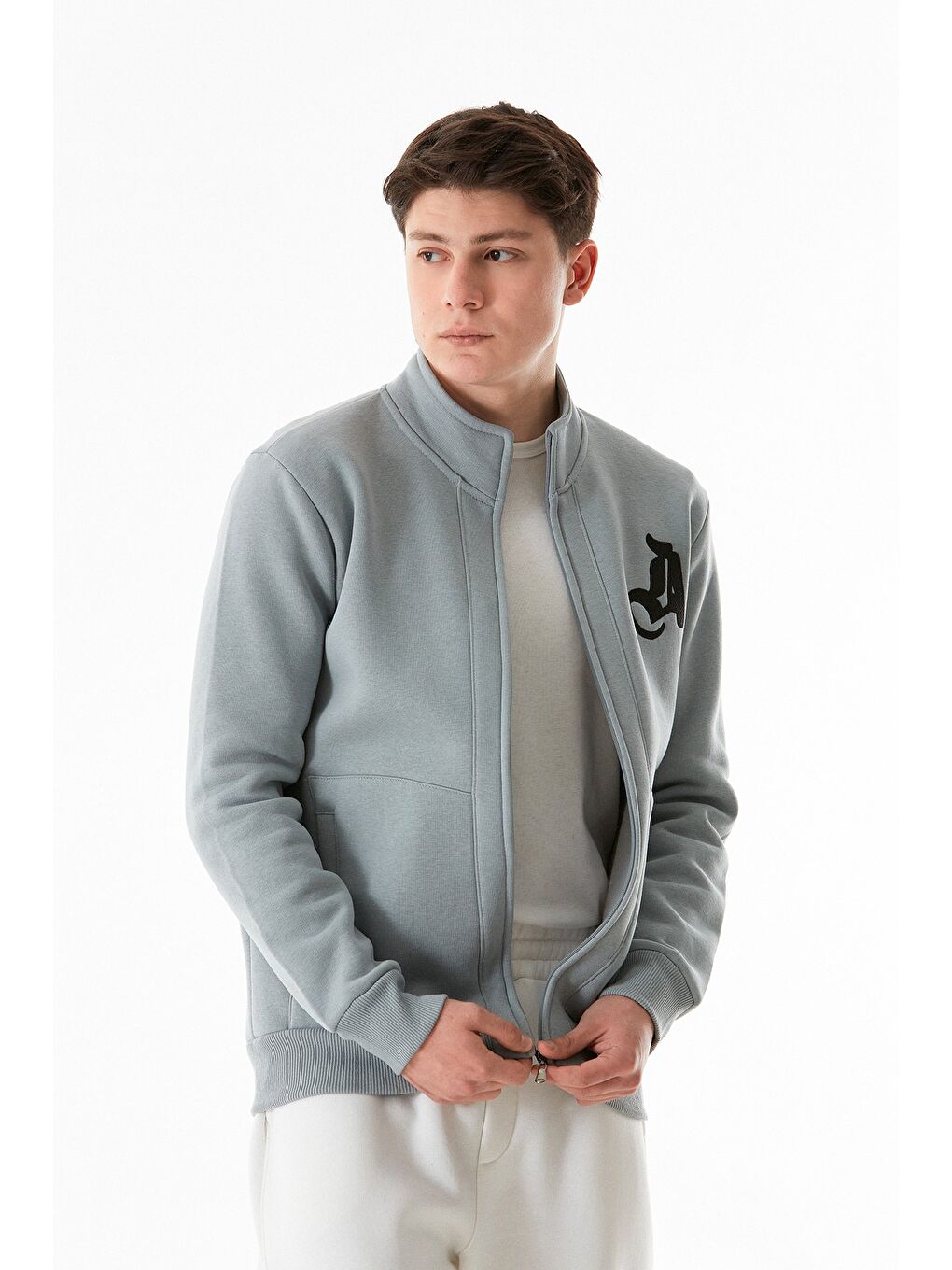 Gri 3 İplik Harf Baskılı  Dik Yaka Fermuarlı Sweatshirt-2