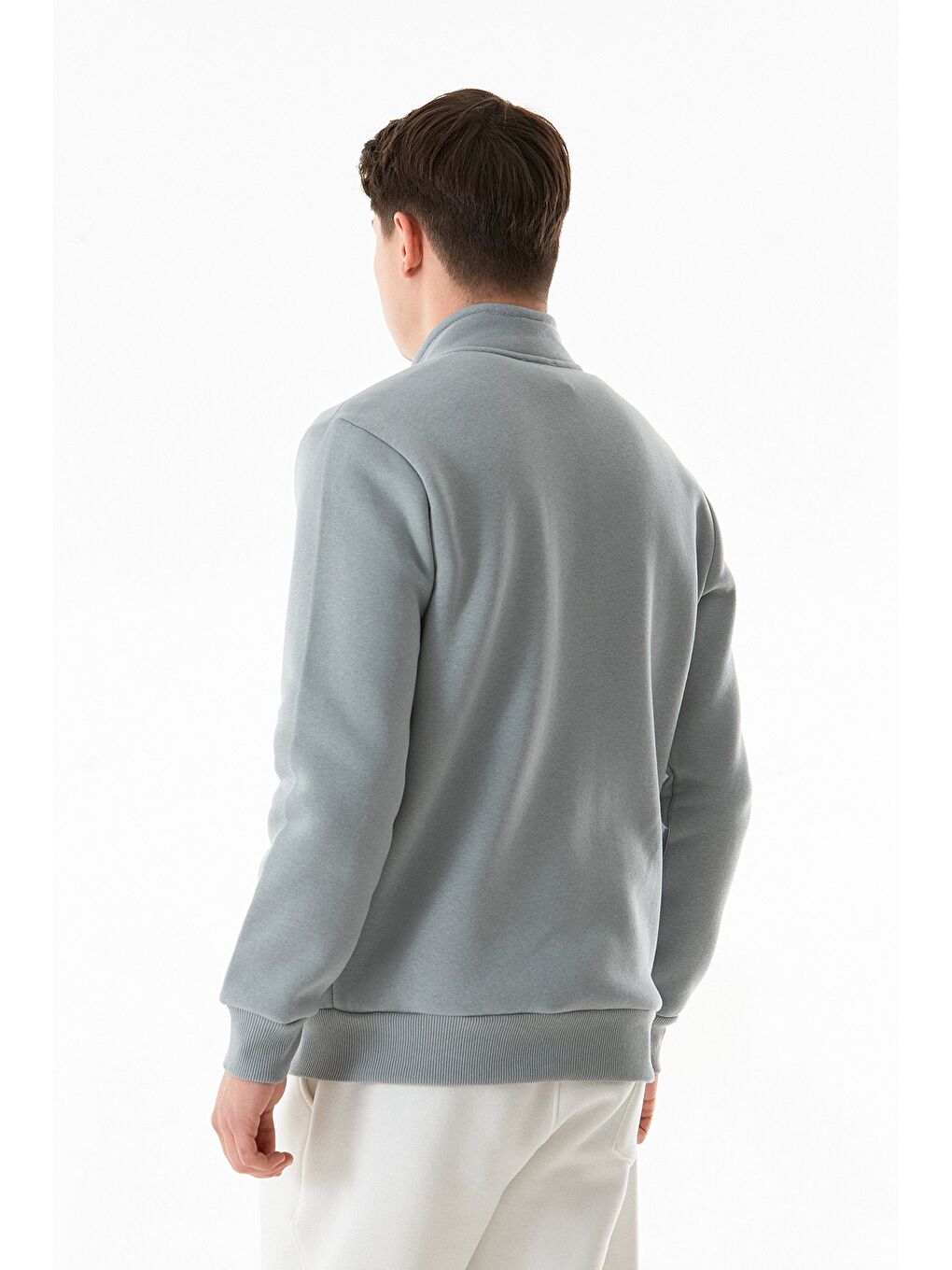 Gri 3 İplik Harf Baskılı  Dik Yaka Fermuarlı Sweatshirt-4