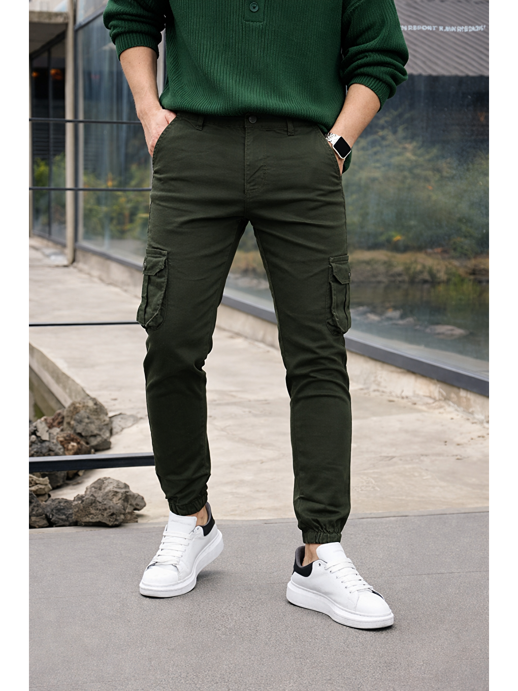 Erkek Trend Dar Kargo Cep Lastikli Paça Haki Pantolon