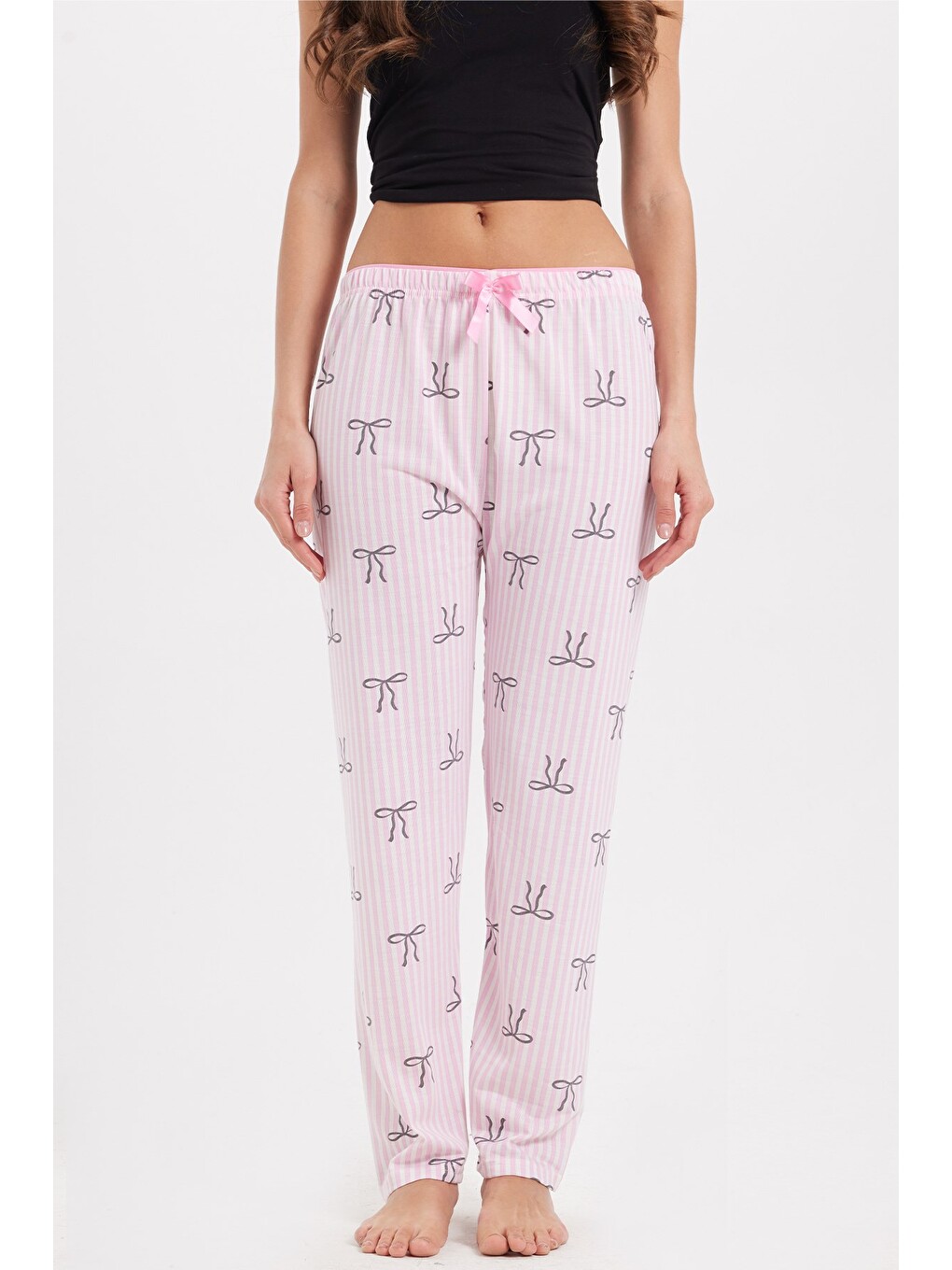 Kadın Regular Fit Klasik Kesim Viskon Beli Lastikli Fiyonk Detaylı Baskılı Pembe Pijama Altı-1