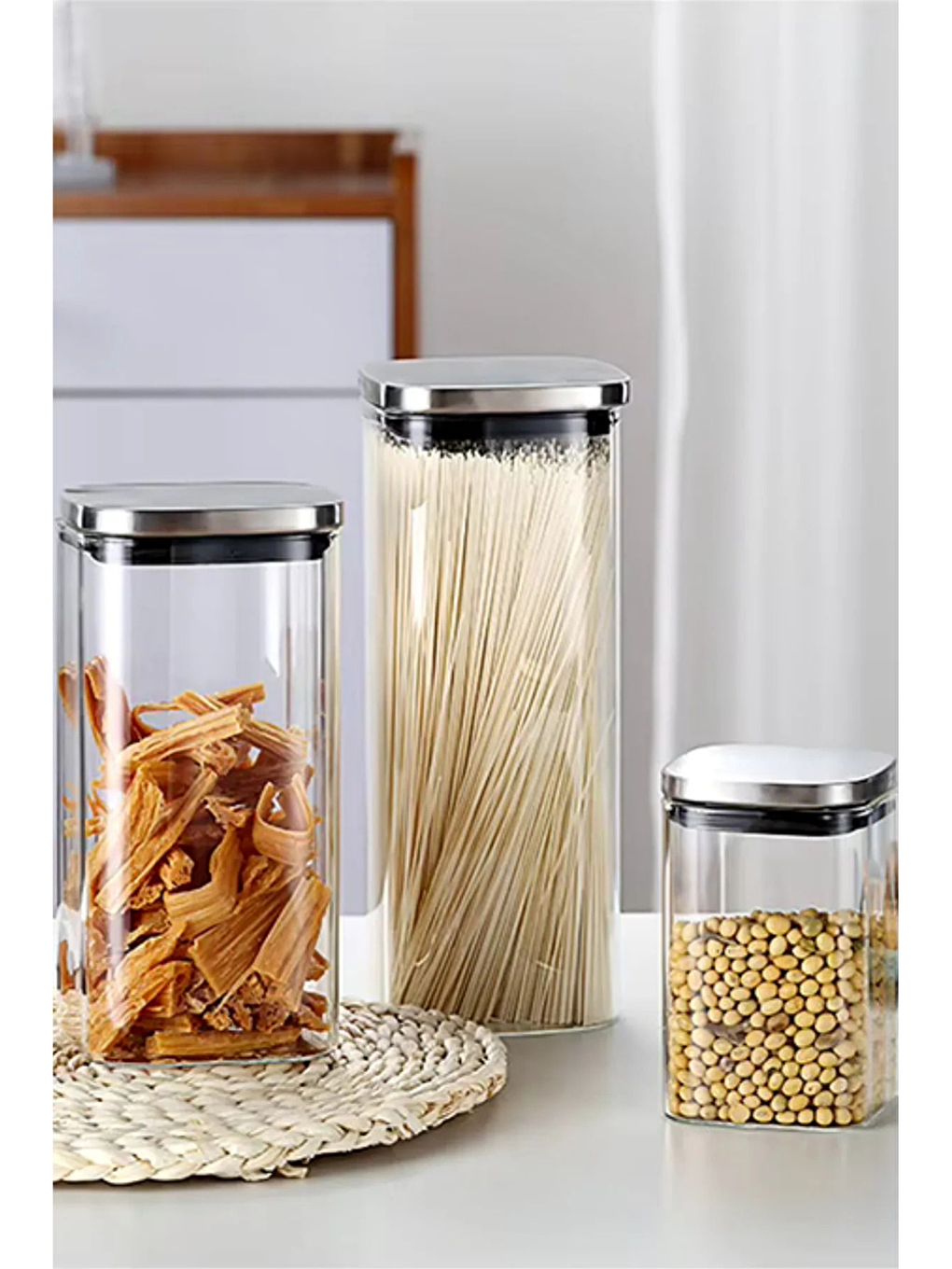 Renksiz Vakum Krom Kapaklı Kare Cam Kavanoz 350ml 300ml Saklama Kabı 6 Adet-1