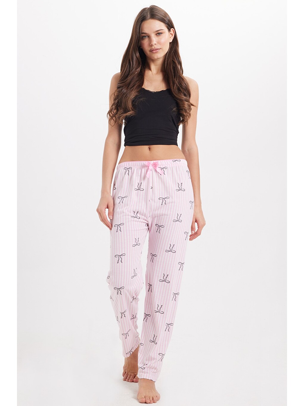 Kadın Regular Fit Klasik Kesim Viskon Beli Lastikli Fiyonk Detaylı Baskılı Pembe Pijama Altı-3