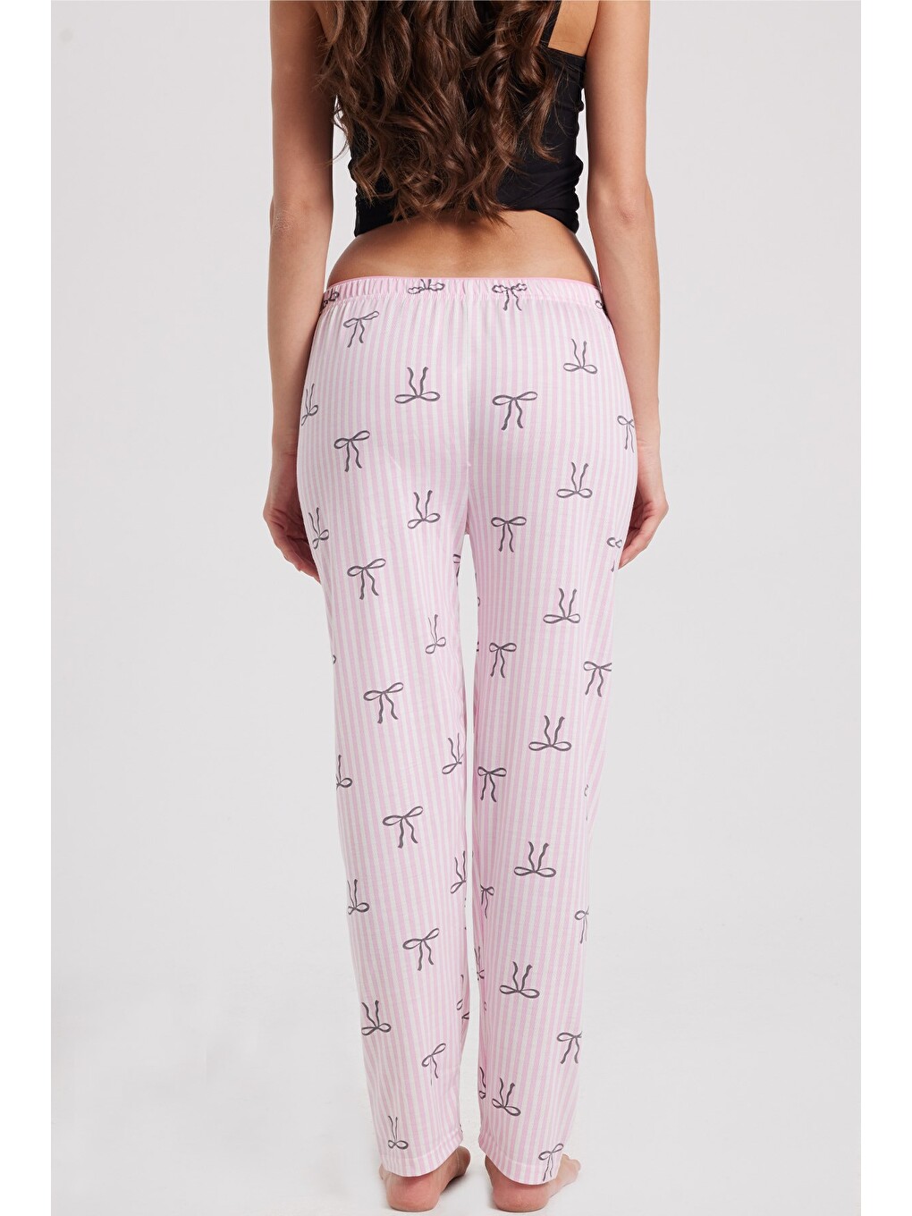 Kadın Regular Fit Klasik Kesim Viskon Beli Lastikli Fiyonk Detaylı Baskılı Pembe Pijama Altı-6