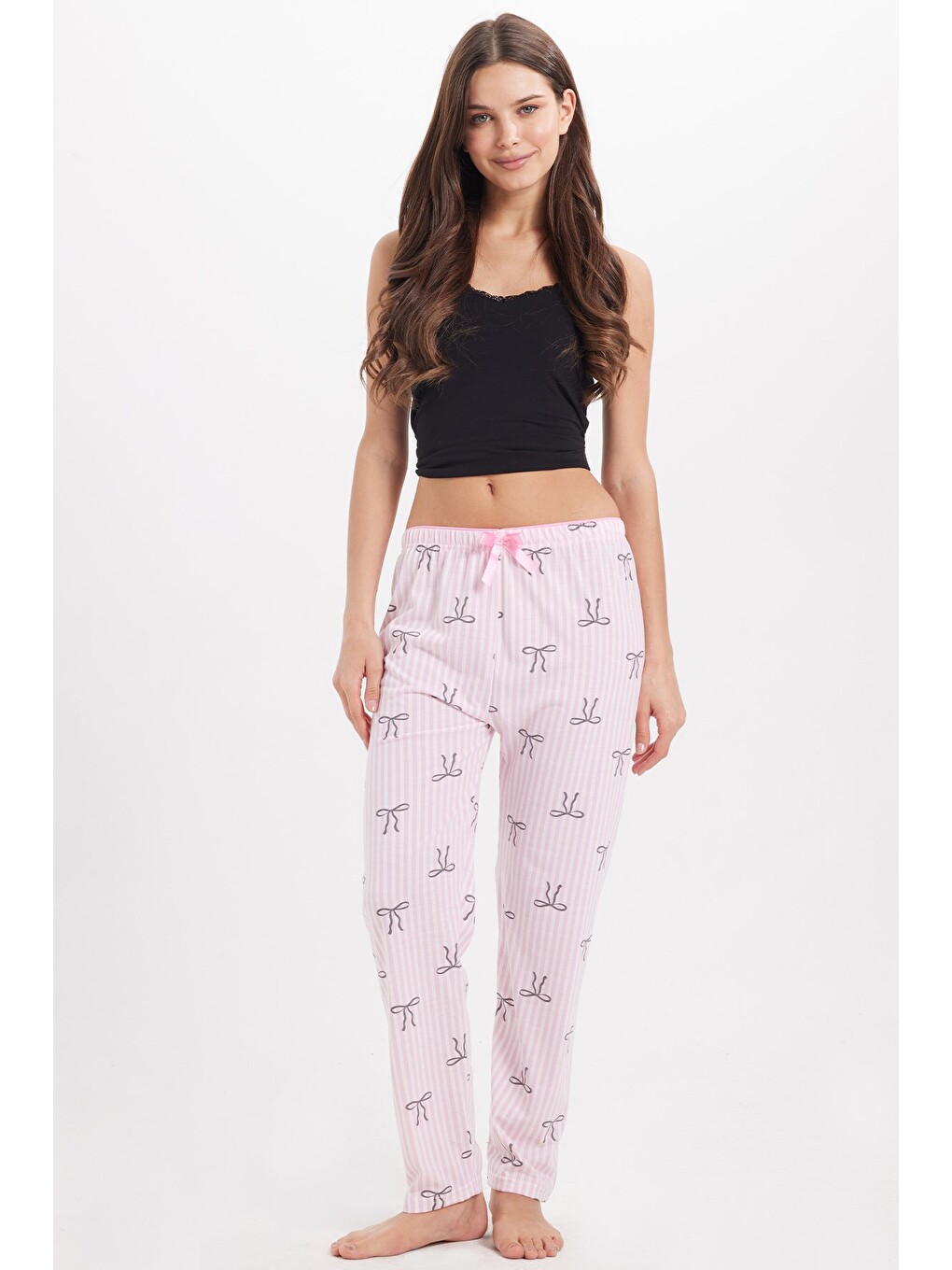 Kadın Regular Fit Klasik Kesim Viskon Beli Lastikli Fiyonk Detaylı Baskılı Pembe Pijama Altı-7