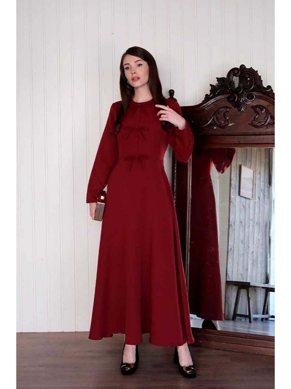 Bordo Fiyonk Detay Elbise