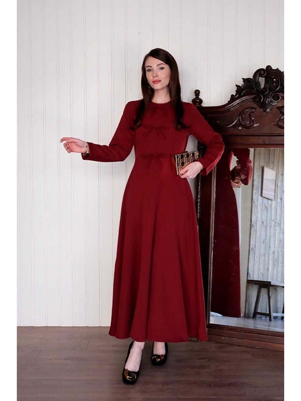 Bordo Fiyonk Detay Elbise-1