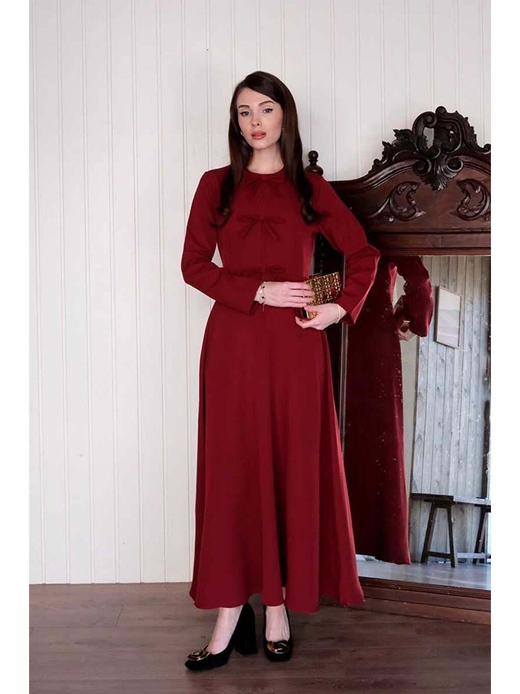 Bordo Fiyonk Detay Elbise-2