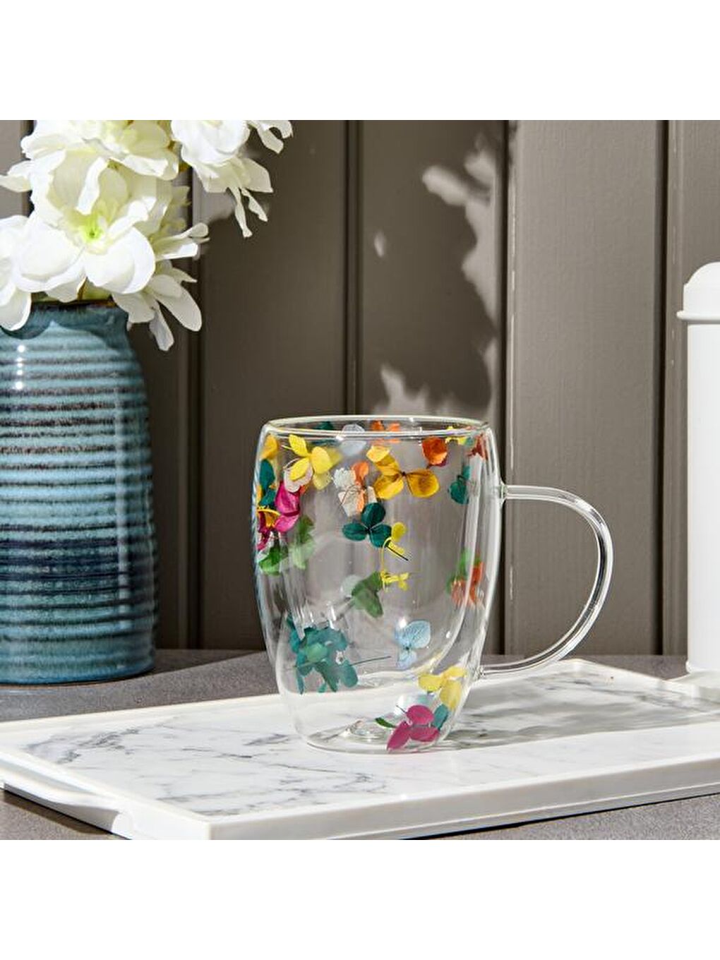 Karışık Kitchen Borosilikat Çiçek Desenli Kupa - Renkli - 350 ml