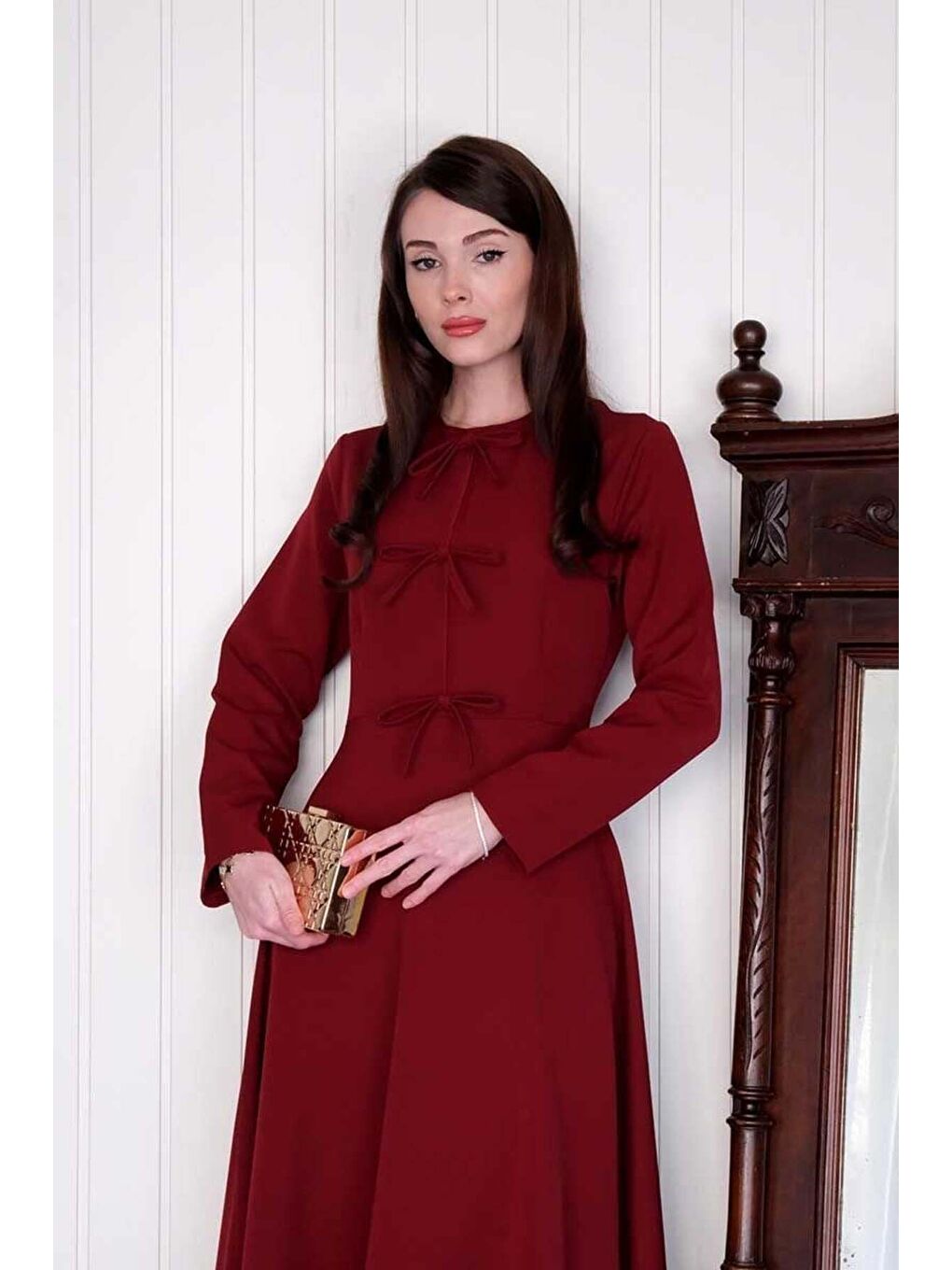 Bordo Fiyonk Detay Elbise-3