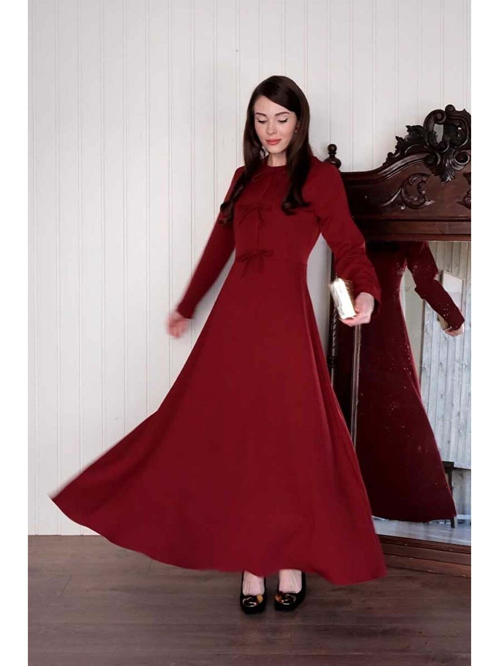 Bordo Fiyonk Detay Elbise-4