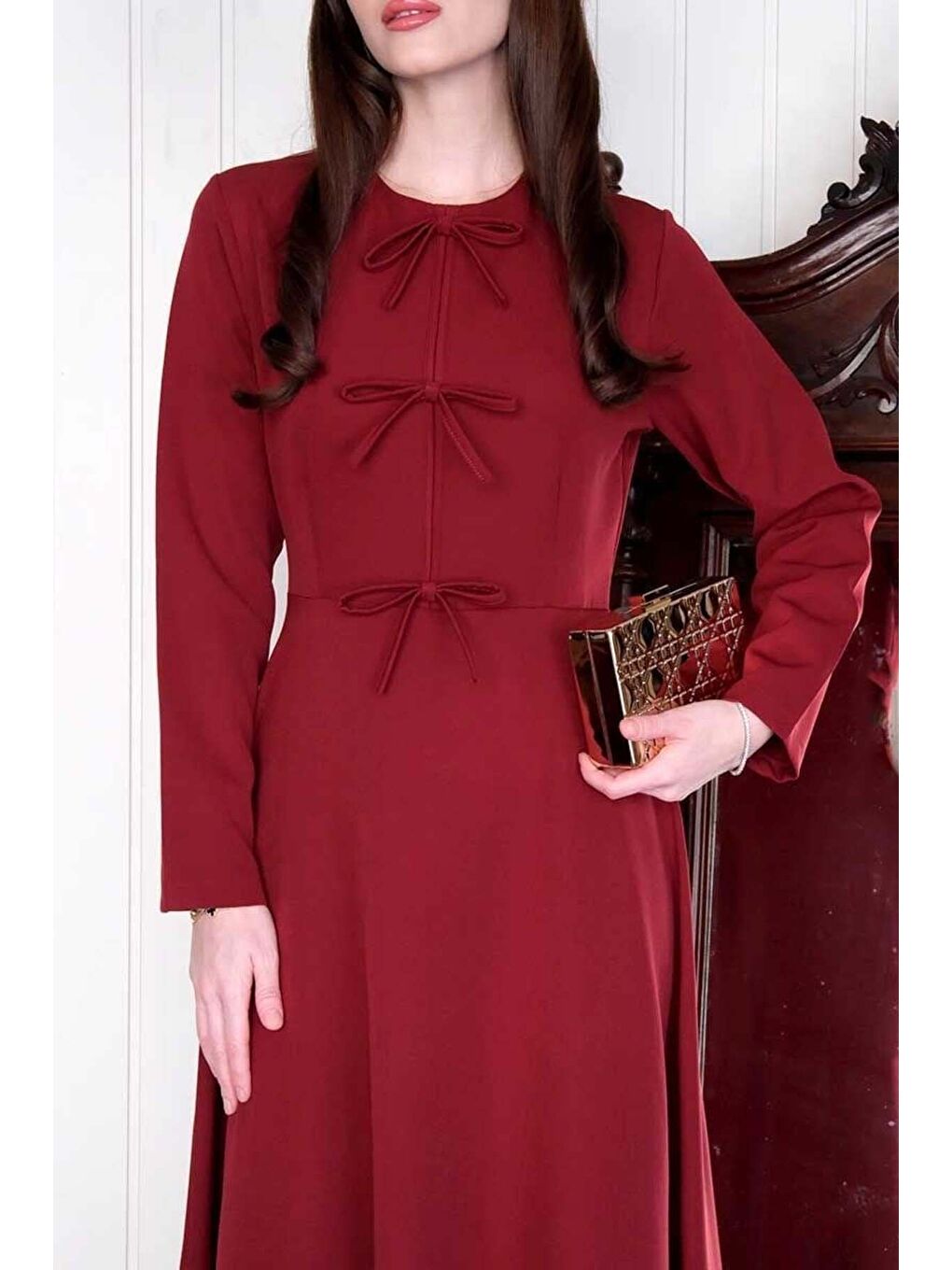 Bordo Fiyonk Detay Elbise-5