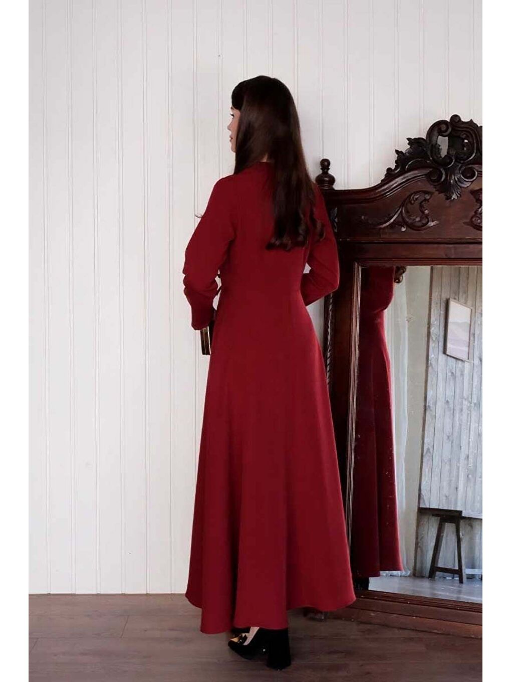 Bordo Fiyonk Detay Elbise-6