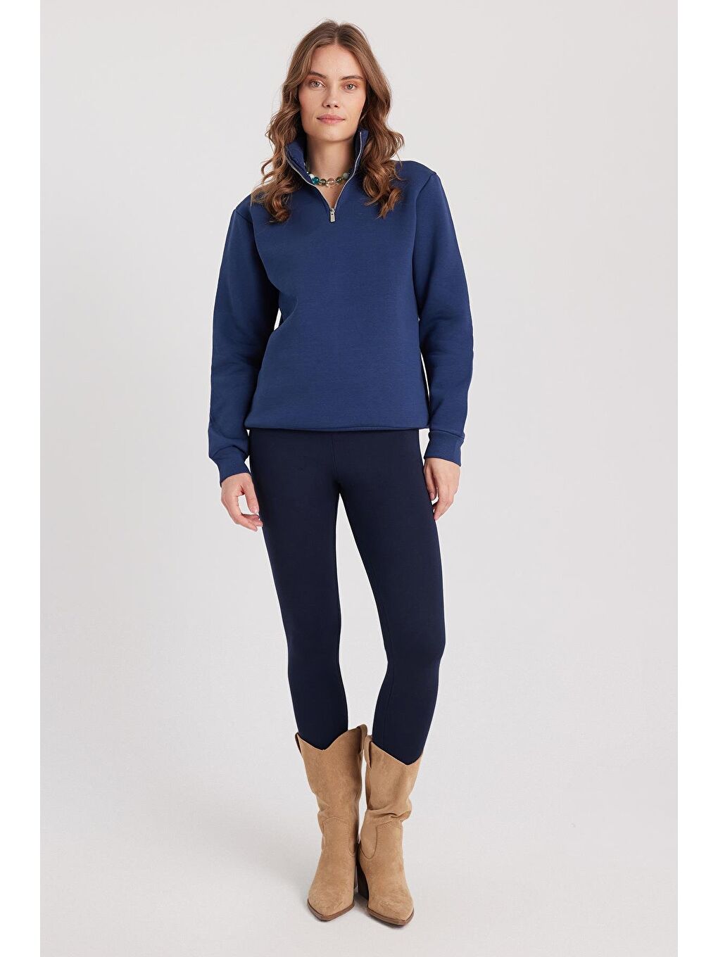 Kadın Relax Fit Rahat Kesim Pamuklu İçi Polarlı Yarım Fermuarlı Lacivert Dik Yaka Sweatshirt-3