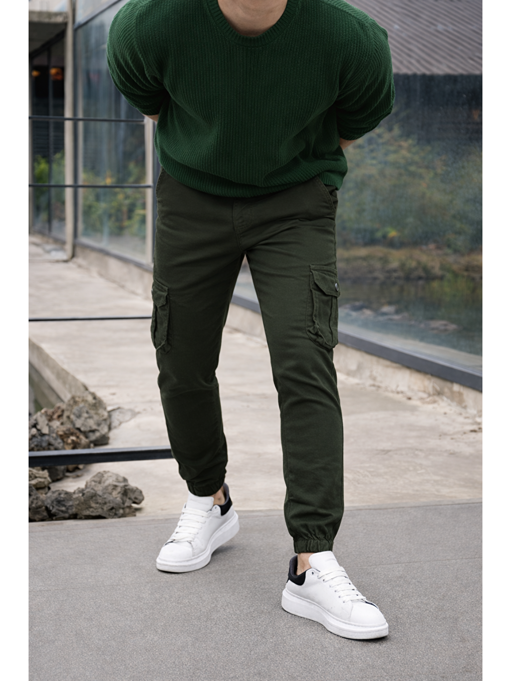 Erkek Trend Dar Kargo Cep Lastikli Paça Haki Pantolon-1
