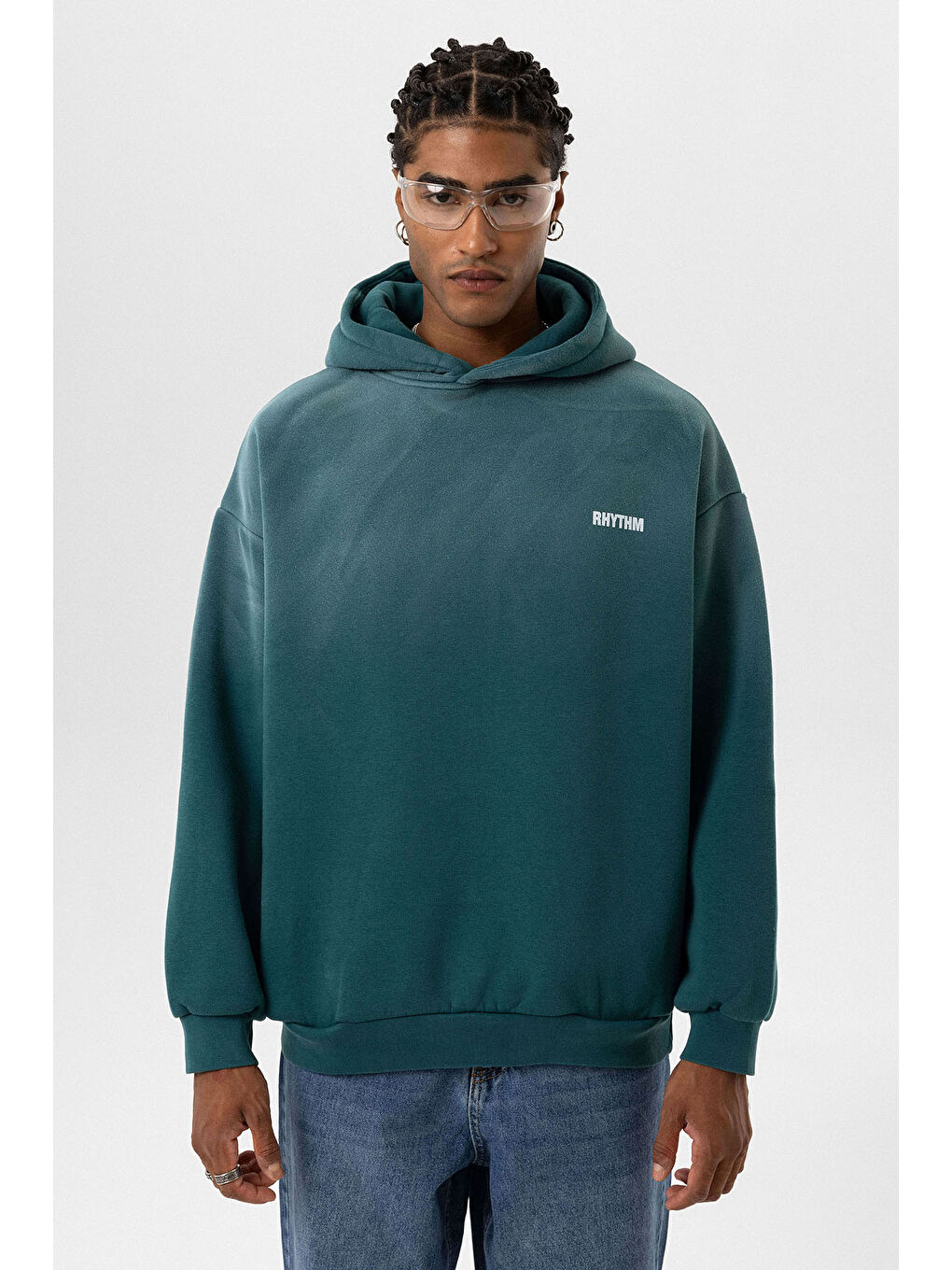 VAMOSCLO Petrol Arka Baskılı Oversize Kapüşonlu Erkek Sweatshirt - 1