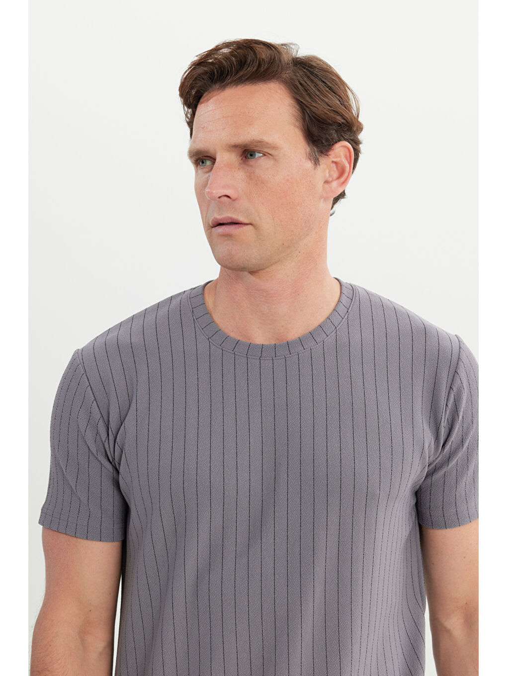 Erkek Gri Slim Fit Dar Kesim Bisiklet Yaka Esnek Tişört-3